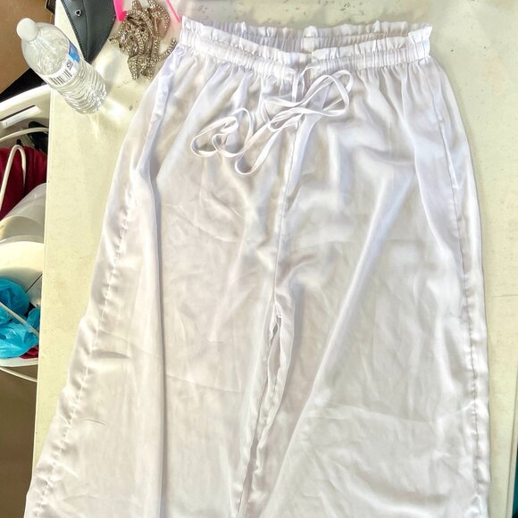 White Wide Leg Drawstring Trousers Size 12 Sheer Resort Wear - Picture 1 of 10